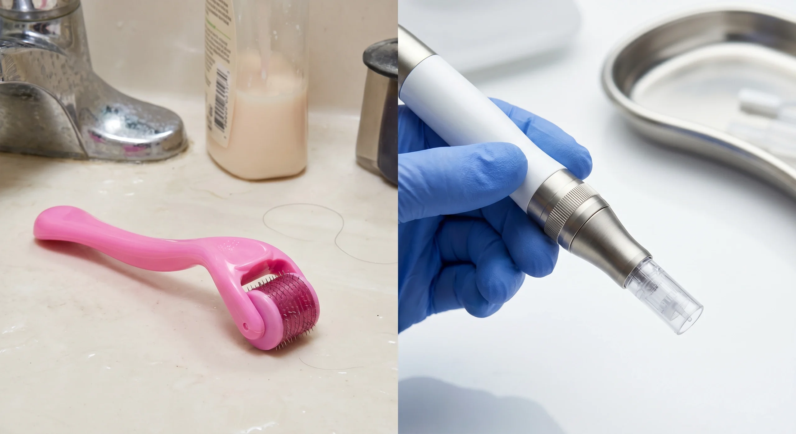 A split image contrasts a risky at-home derma roller with a professional microneedling pen from Enfield Royal Medspa, addressing the DIY microneedling trend. Our clinical treatment uses sterile, single-use tips to safely stimulate collagen and improve skin texture without tearing. Elevate your skin's health.