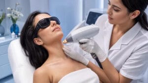 Woman receiving laser hair removal for PCOS at Enfield Royal Medspa in Viera, FL.