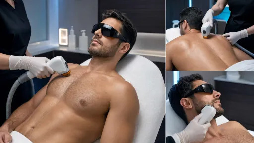 Professional laser hair removal treatment for a man's chest, back, and beard line in a modern medical spa.