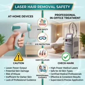 A comparison of at-home laser devices versus professional medical-grade laser hair removal at Enfield Royal Medspa Viera. Professional treatments utilize high-power Candela technology and medical supervision to ensure safety for all skin types, offering superior results compared to the risks and lower efficiency of DIY home kits.