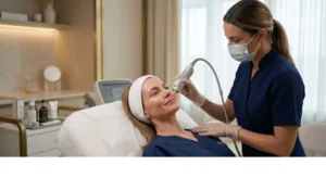 A skincare specialist performing an advanced anti-aging laser skin rejuvenation and collagen stimulation treatment on a patient at Enfield Royal Medspa in Viera, FL.