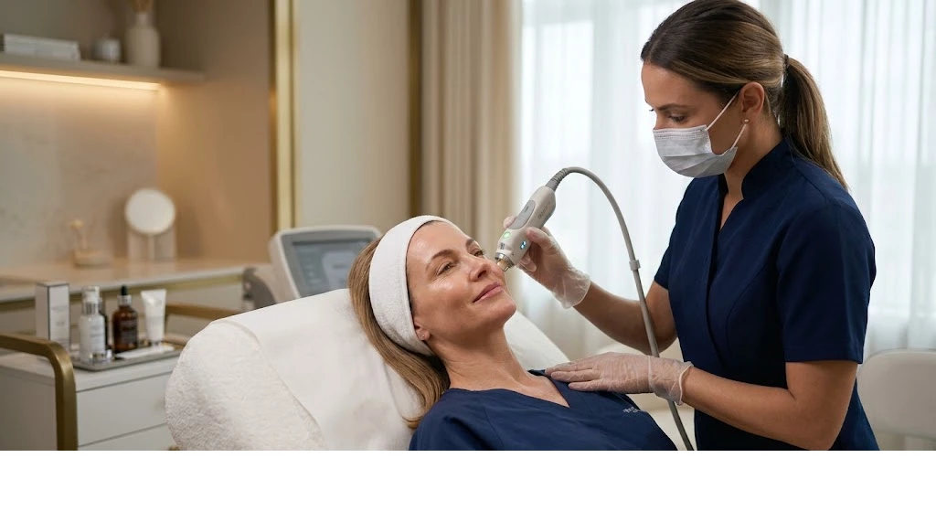 A skincare specialist performing an advanced anti-aging laser skin rejuvenation and collagen stimulation treatment on a patient at Enfield Royal Medspa in Viera, FL.