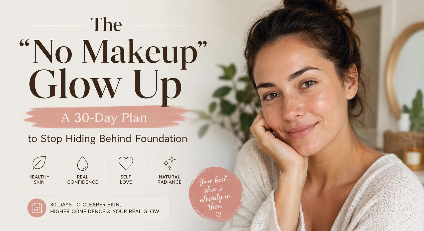 Woman showing a natural no makeup glow after following a 30-day skincare and healthy lifestyle plan for clear radiant skin.