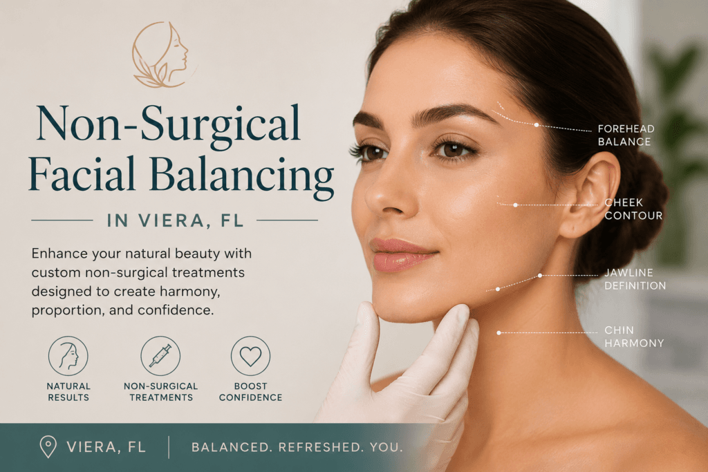 Woman receiving non-surgical facial balancing treatment in Viera, FL with highlighted facial contour areas including jawline, cheeks, chin, and forehead for aesthetic enhancement.