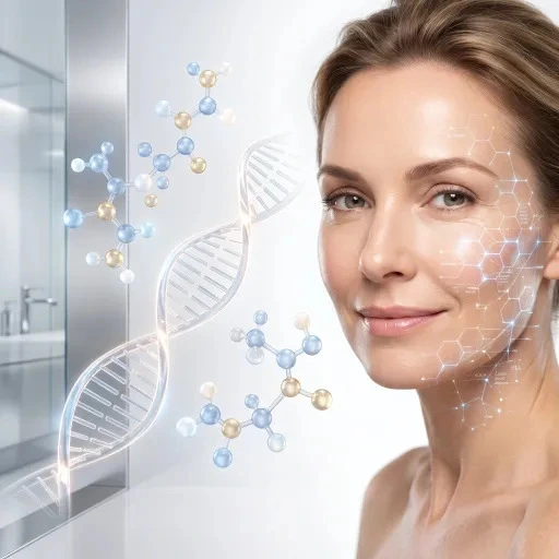 Illustration of a woman’s glowing face with DNA helix and peptide molecule structures representing cellular skin rejuvenation at Enfield Royal Med spa.