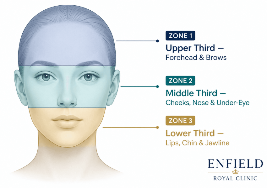 Upper middle and lower facial thirds diagram for facial balancing at Enfield Royal Clinic Melbourne and Viera FL