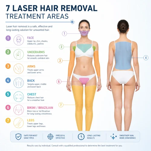 Body map showing 7 laser hair removal treatment areas Melbourne FL clinic