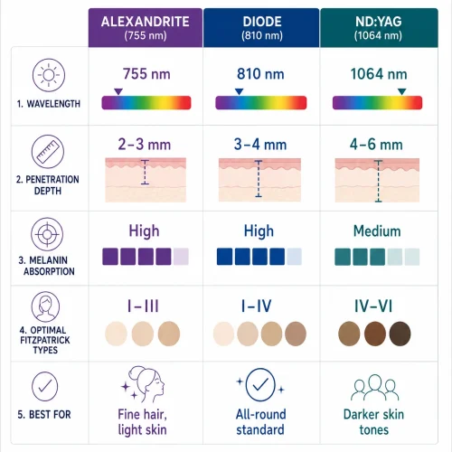Comparison of Diode 810nm Nd:YAG 1064nm and Alexandrite 755nm laser hair removal wavelengths Enfield Royal Clinic