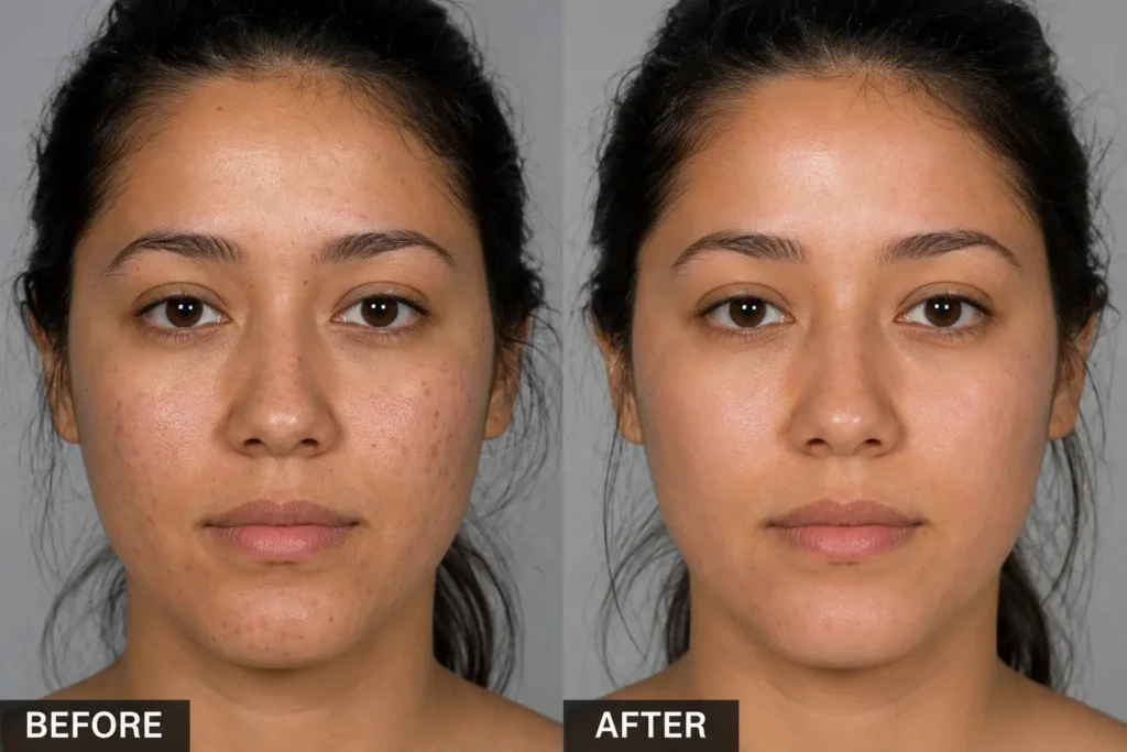 Before and after professional Chemical Peel treatment at Enfield Royal Medspa Branchburg, showing improved skin tone, reduced hyperpigmentation, smoother texture, refined pores, and healthier-looking skin. Serving Branchburg and Somerset County, NJ.