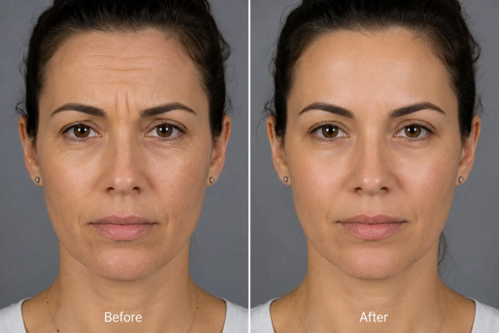 Botox before and after showing softened forehead and frown lines with a smoother-looking facial appearance at Enfield Royal Medspa in Branchburg, NJ, serving Somerset County
