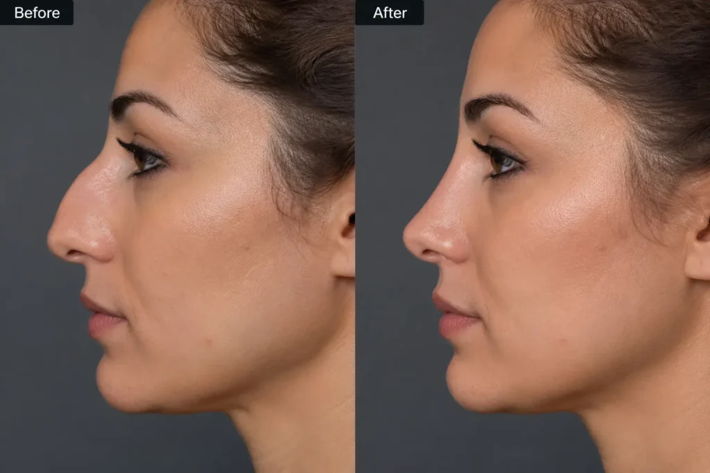 Before and after clinical photos of a patient following Liquid Rhinoplasty for dorsal hump correction at Enfield Royal Medspa in Branchburg, NJ, serving Somerset County. Side-profile comparison showing a smoother, straighter nasal bridge with natural-looking non-surgical results.