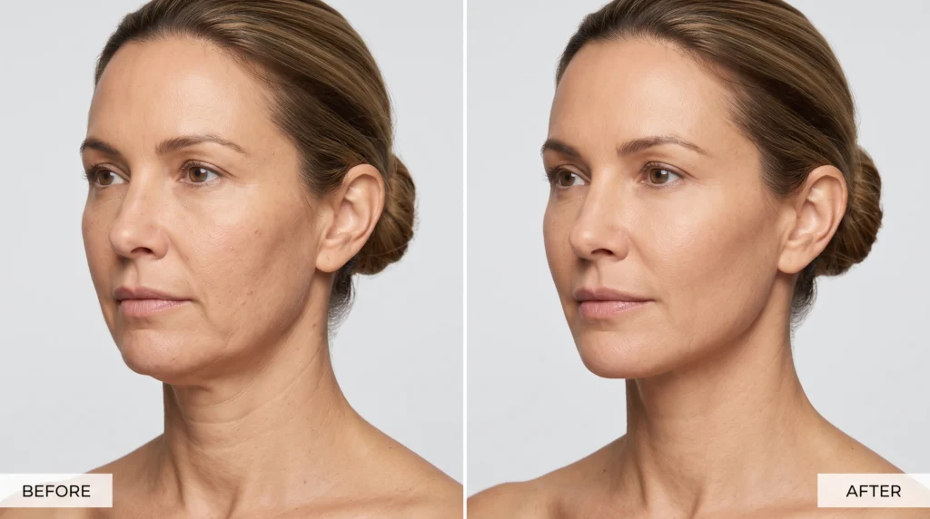 Before and after comparison of a woman's face showing skin rejuvenation and smoother texture following a microneedling treatment at Enfield Royal Medspa.