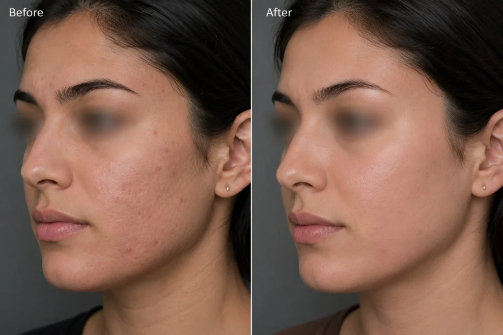 Before and after acne treatment showing reduced acne, redness, and uneven skin texture on a woman’s cheek