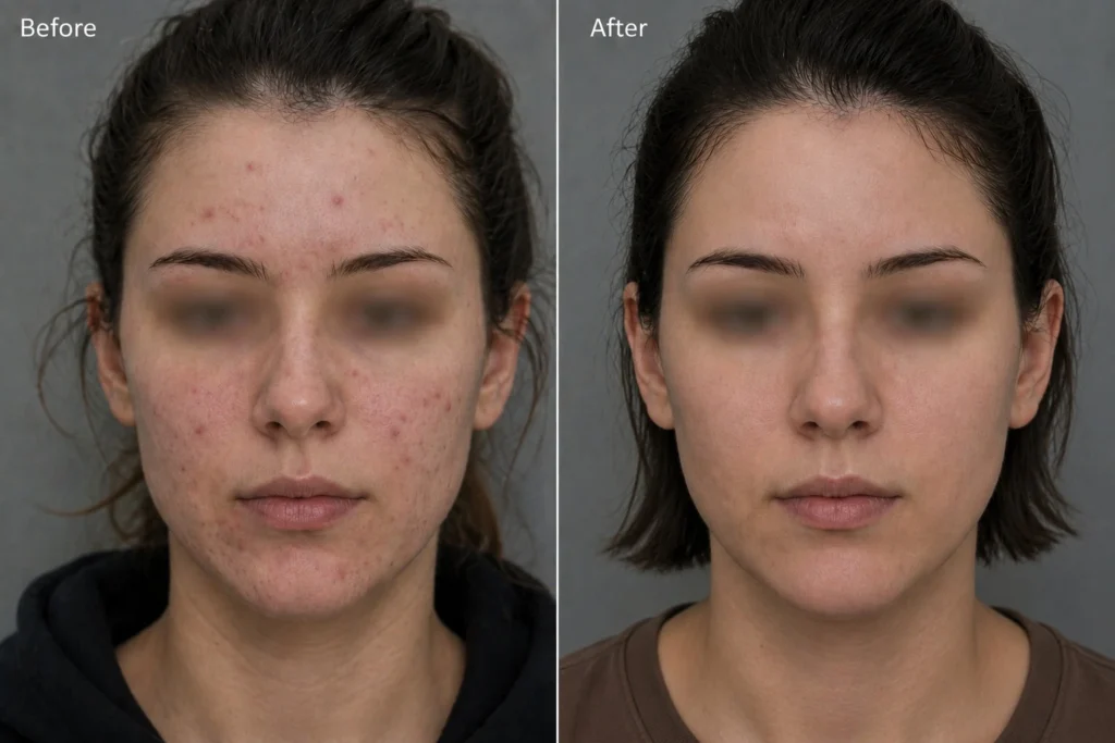 PRP with microneedling before and after showing reduced acne, facial redness, and uneven skin texture at Enfield Royal Medspa in Branchburg, serving Somerset County