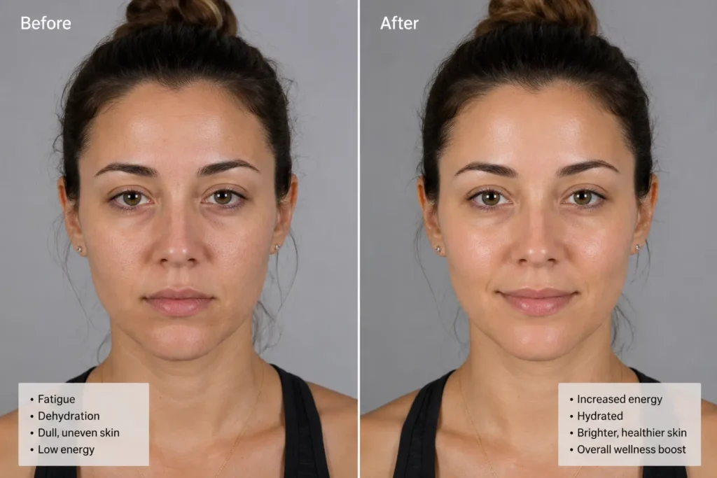 IV therapy before and after showing a more hydrated, refreshed, and brighter-looking appearance at Enfield Royal Medspa in Branchburg, NJ, serving Somerset County