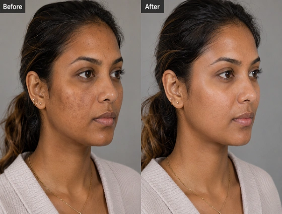 Chemical peel before and after results for acne scars at Enfield Royal Clinic serving Branchburg and Somerset County, NJ.