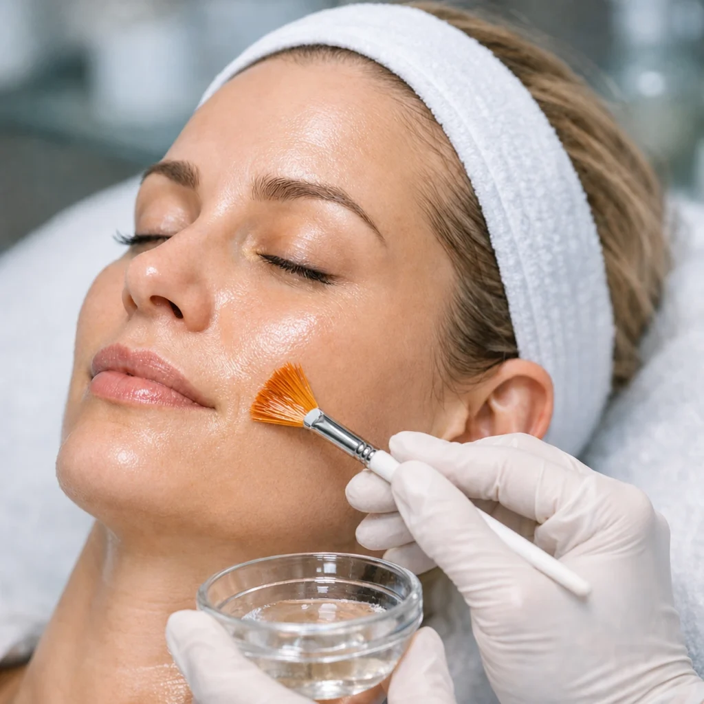Patient receiving a professional chemical peel treatment at Enfield Royal Clinic in Somerset County, NJ for smoother and brighter skin.