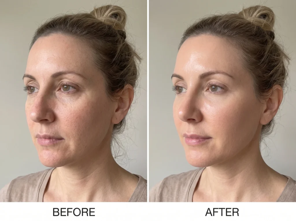 Before and after photos of non-surgical rhinoplasty filler treatment in Branchburg, NJ, showing smoother nasal bridge contour