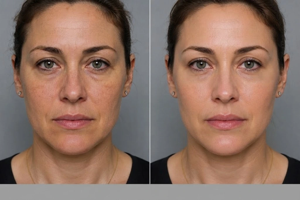 Before and after facial rejuvenation treatment using PRP therapy at Enfield Royal Medspas Branchburg branch, serving clients across Somerset County.