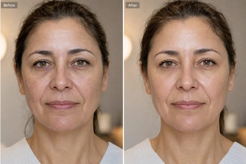 IV Therapy before-and-after image showcasing a refreshed, hydrated appearance following treatment at Enfield Royal Clinic in Tomball, Texas.