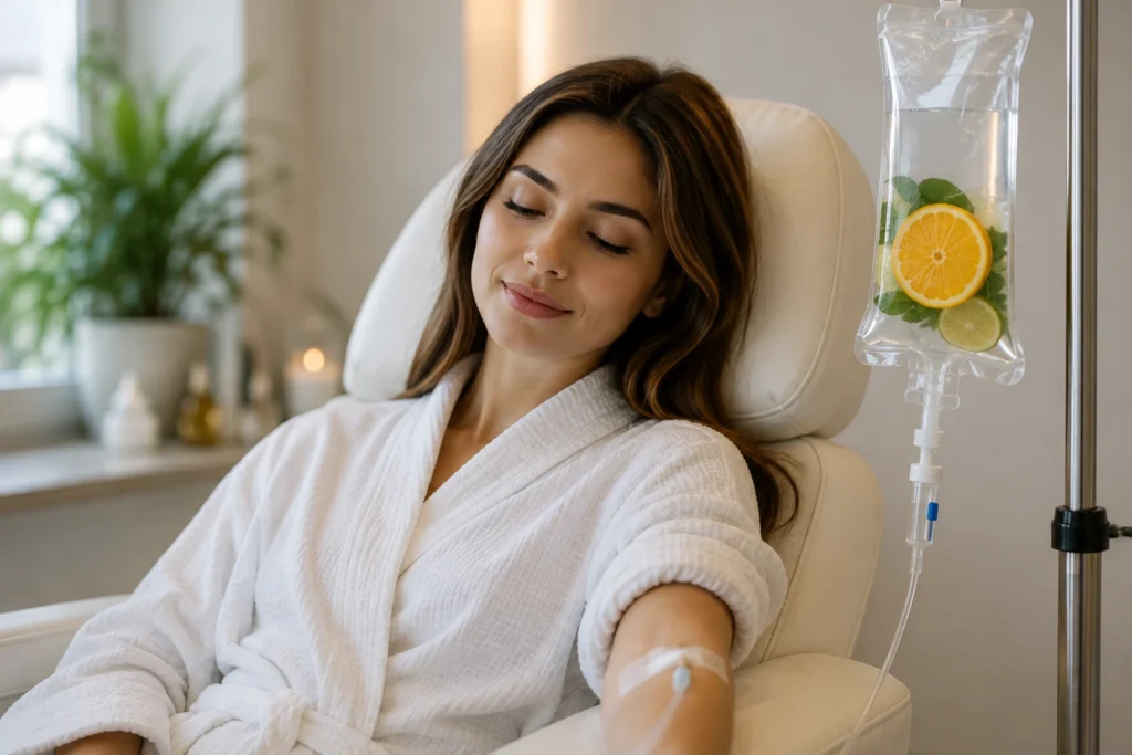 Young woman receiving IV Therapy in a comfortable medical spa setting at Enfield Royal Clinic, with a natural and professional clinical appearance.