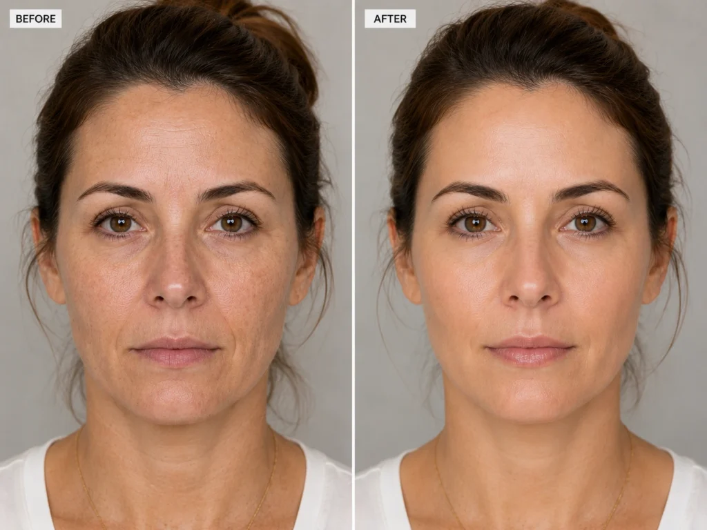 Woman in her 40s showing before-and-after skin improvements, including smoother texture, reduced fine lines, and more even skin tone following regenerative treatment at Enfield Royal Clinic.