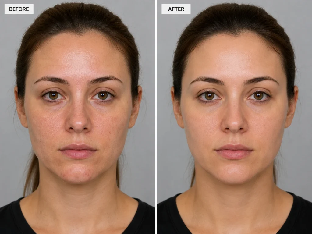 Before-and-after comparison of a woman showing improved skin clarity, smoother texture, and reduced redness following regenerative aesthetic treatment at Enfield Royal Clinic.