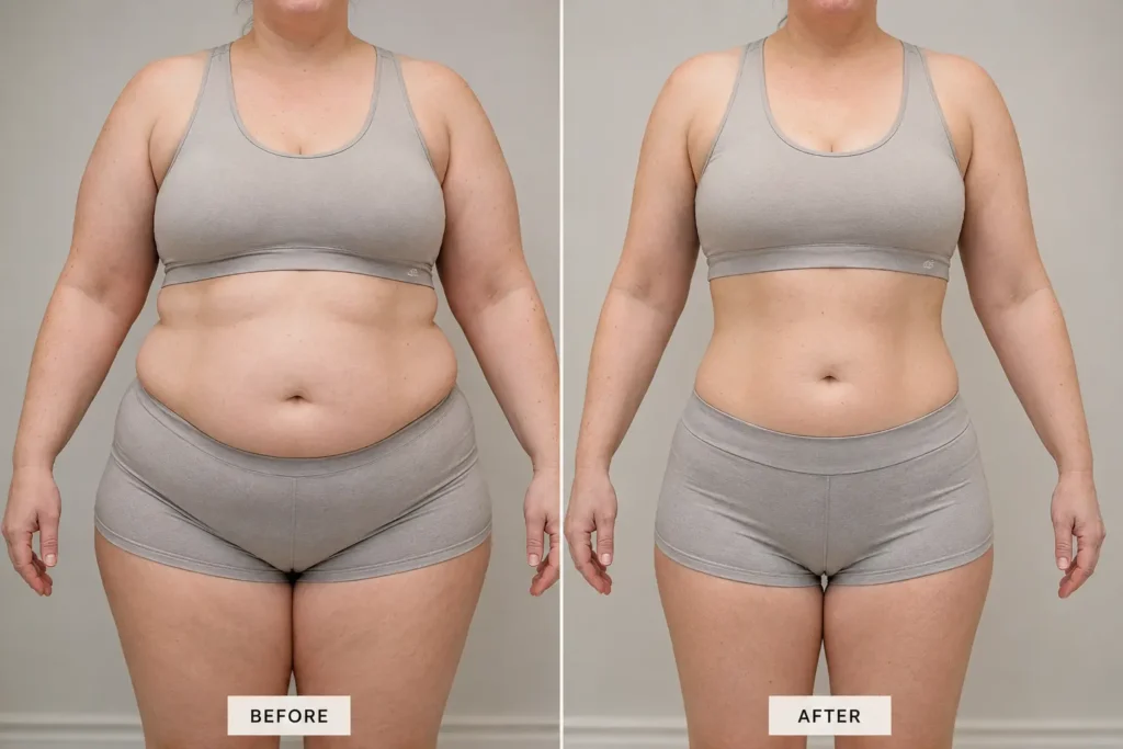Zepbound weight loss treatment before and after showing reduced abdominal and waist circumference after multiple sessions at Enfield Royal Clinic Branchburg Nj