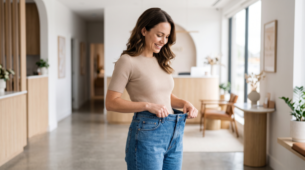 Woman showing realistic weight-loss progress with Zepbound treatment in Branchburg, NJ