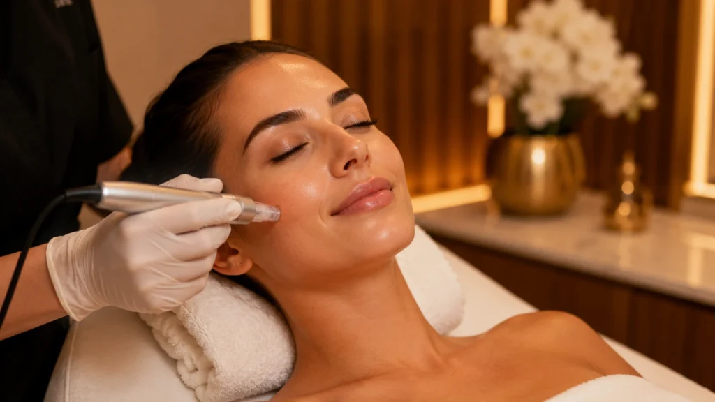 Woman receiving professional microneedling treatment at a skincare clinic in Branchburg, NJ