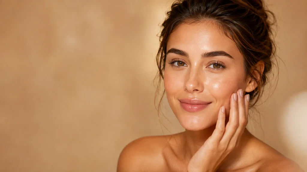 Woman with glowing, radiant skin touching her face after professional skin treatment in Branchburg, NJ