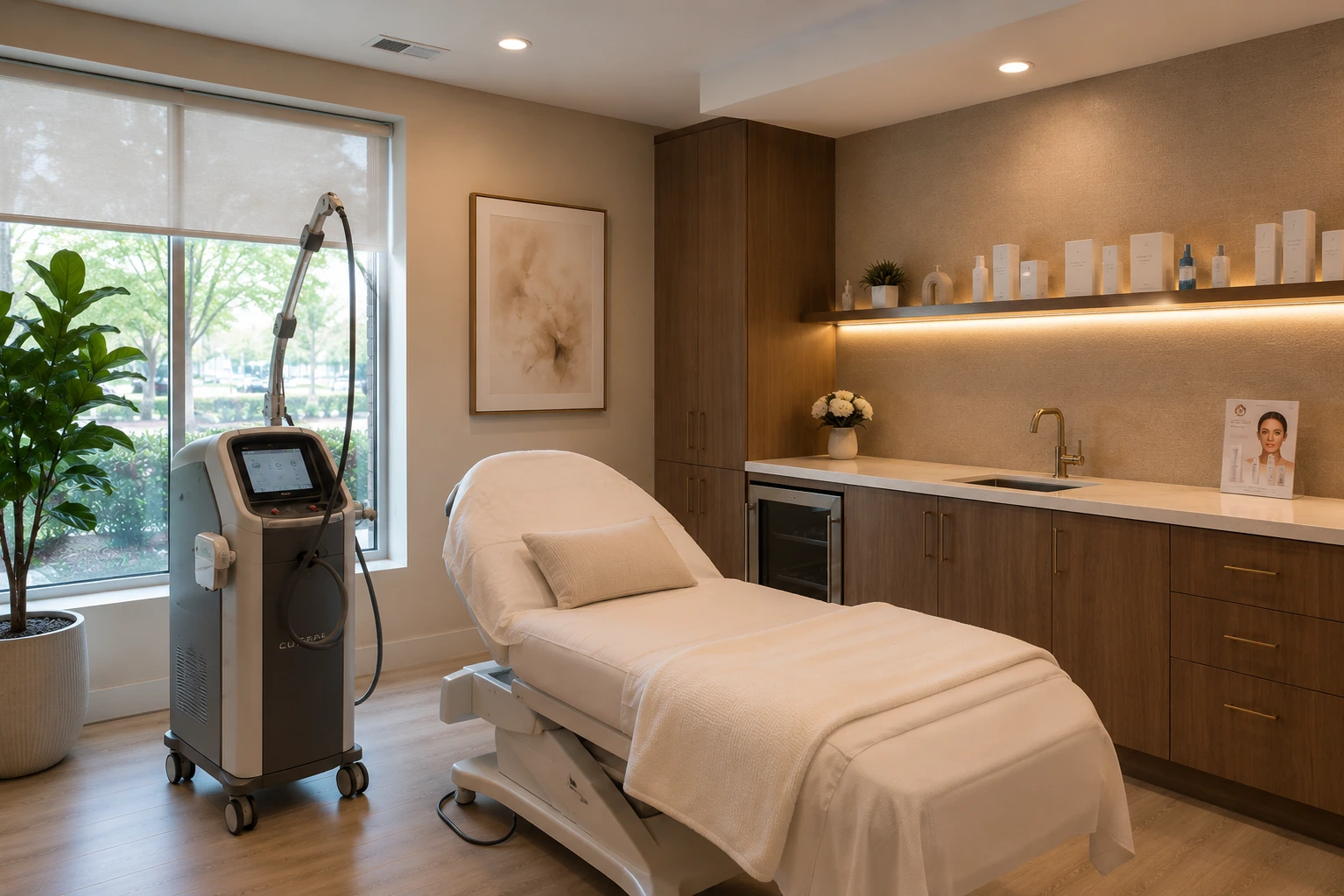 Modern medical spa treatment room in Bridgewater NJ featuring a Cutera laser system and treatment bed