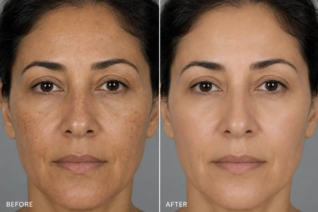 Before and after comparison of skin treated with a chemical peel in Branchburg, NJ