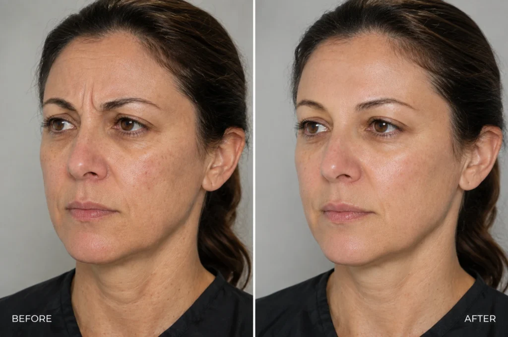 Daxxify treatment before and after showing smoother forehead lines and reduced frown lines in Branchburg serving Somerset County.