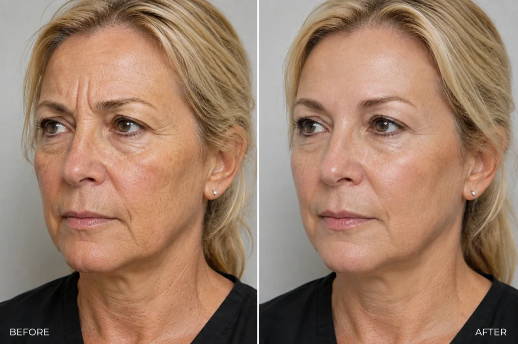 Daxxify treatment before and after front view showing reduced forehead wrinkles and smoother facial appearance in Branchburg.