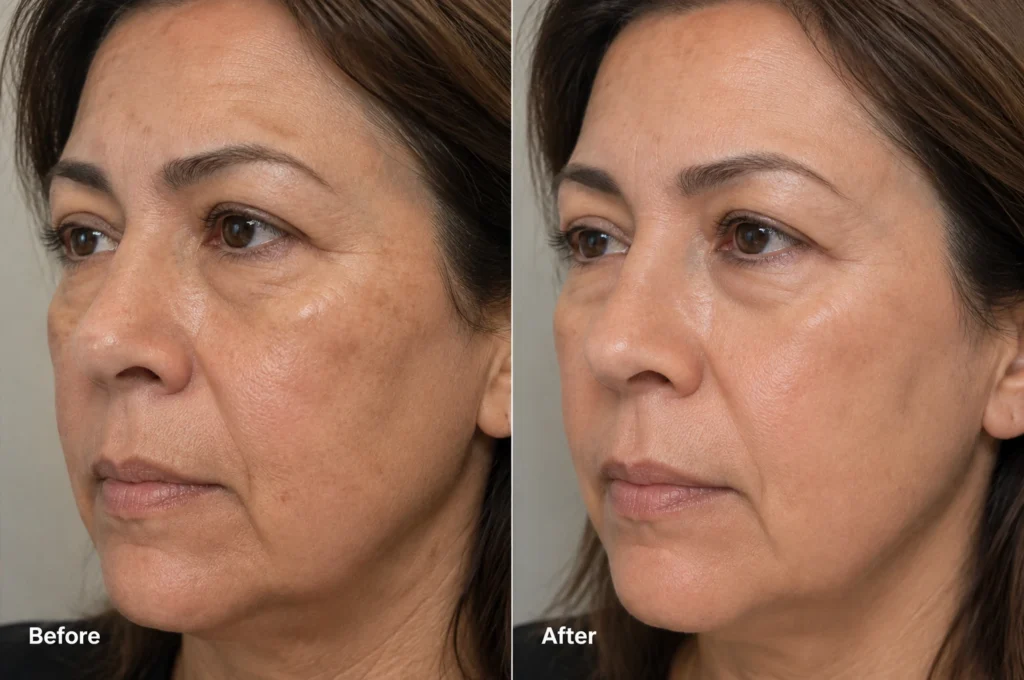 Close-up Daxxify before and after showing softened forehead wrinkles and smoother skin texture in Somerset County.