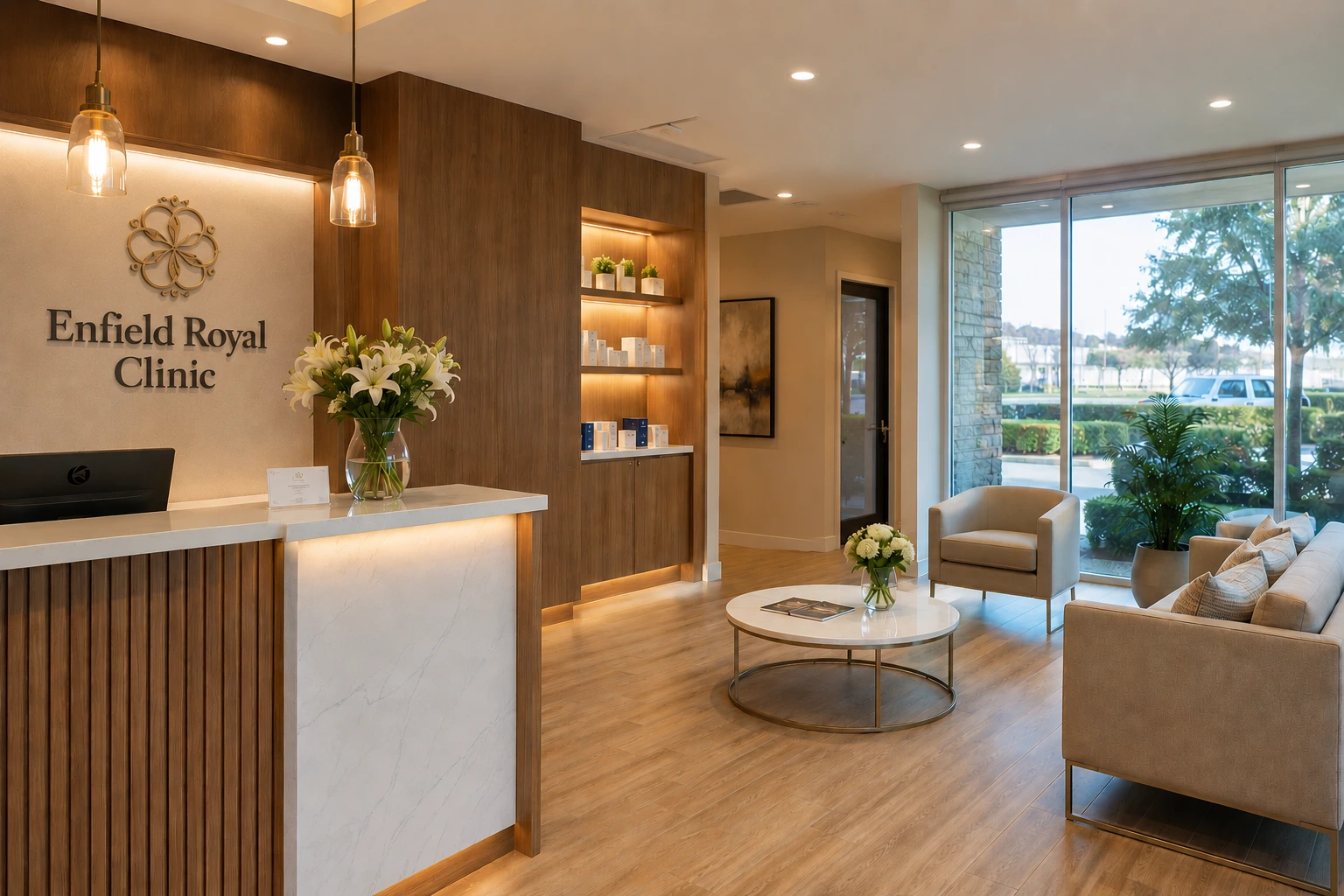 Enfield Royal Clinic reception desk and waiting lounge serving Hillsborough, NJ