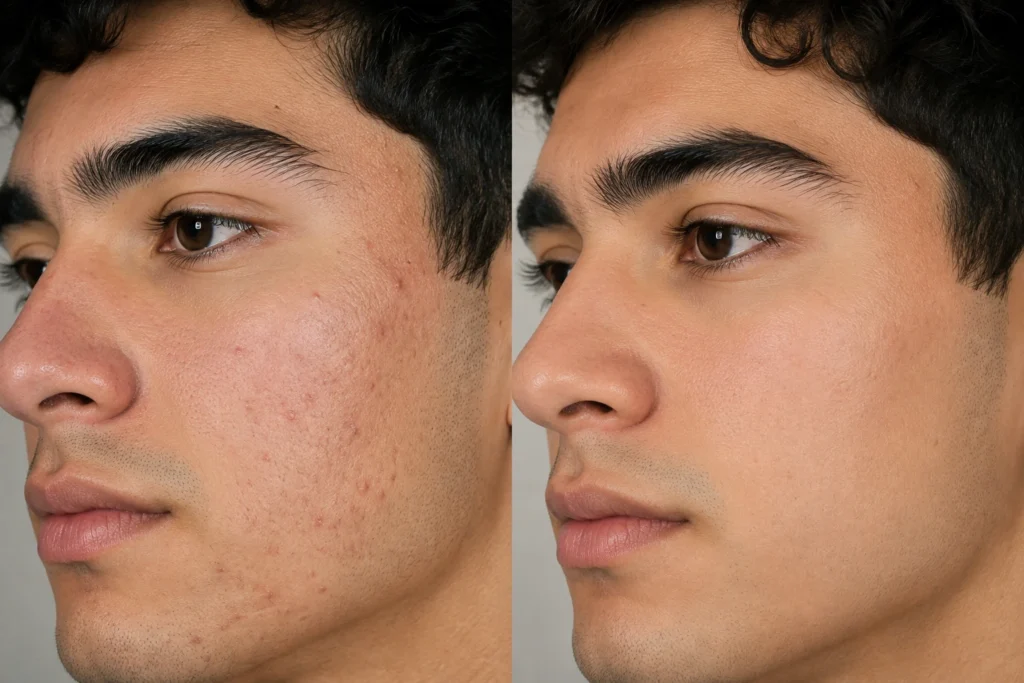 Before and after side profile of a male patient showing significant acne scar reduction and skin smoothing following laser skin resurfacing at Enfield Royal Medspa in Branchburg, serving Somerset County.