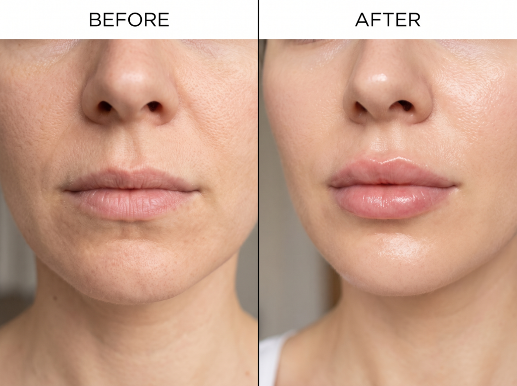 Before and after comparison of lips treated with dermal filler in Bridgewater, NJ