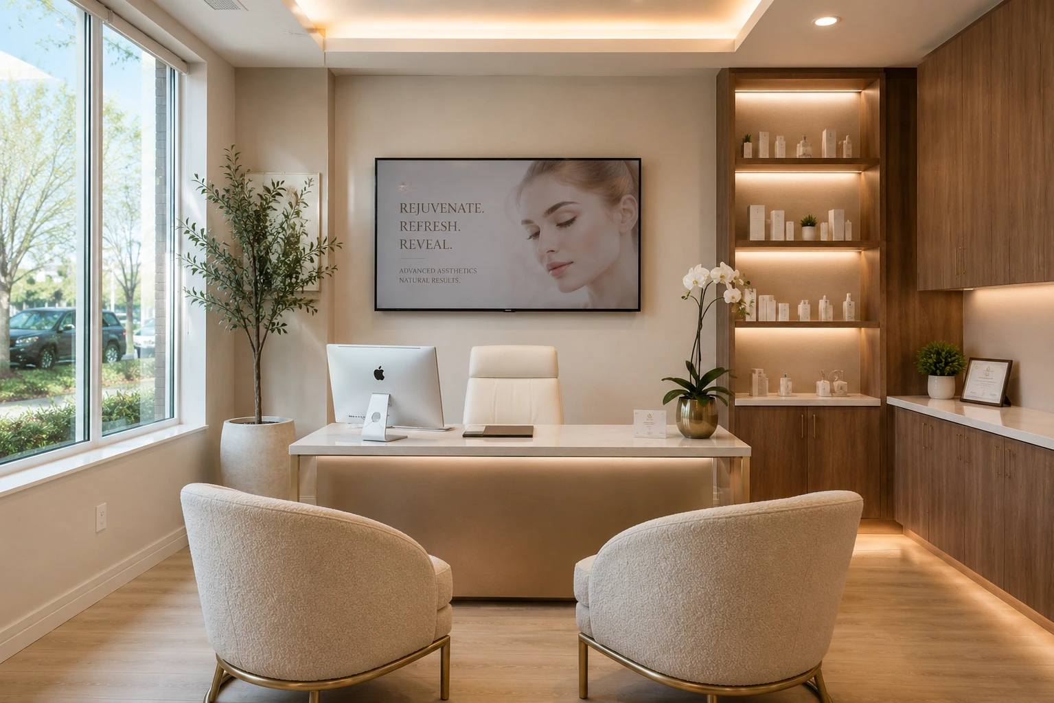 Luxury medical spa consultation room at Enfield Royal Clinic featuring elegant patient chairs, modern desk, skincare displays and warm ambient lighting