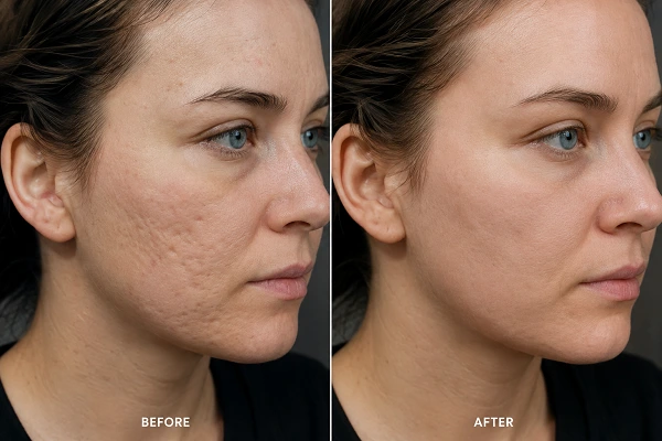 Microneedling before and after acne scar treatment results at Enfield Royal Clinic serving Branchburg and Somerset County, NJ.