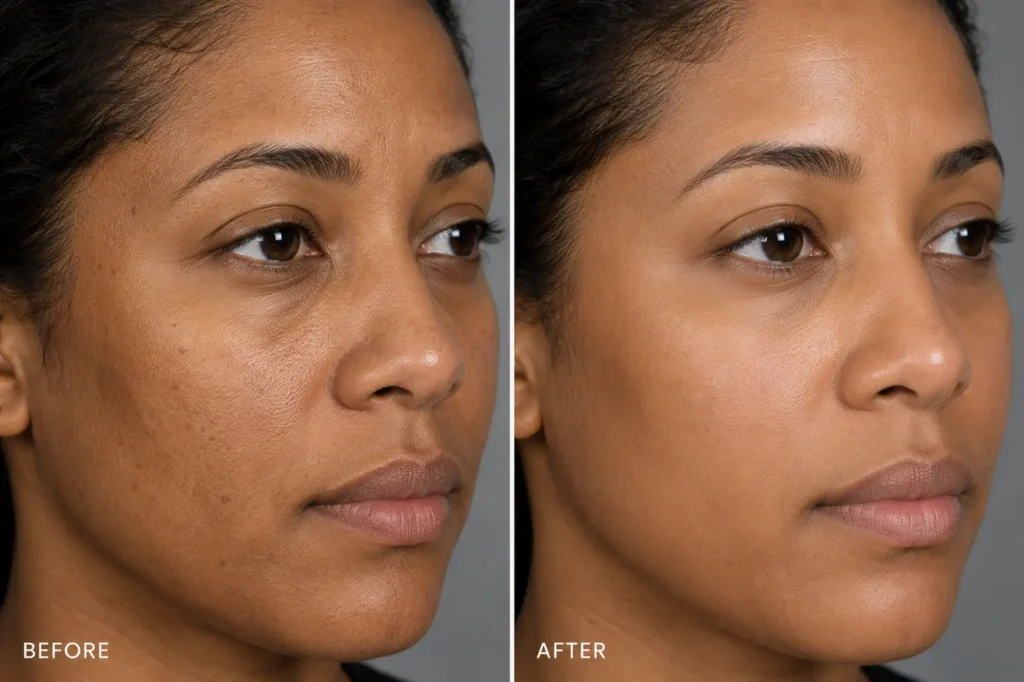 Before and after comparison of skin treated with microneedling in Branchburg, NJ