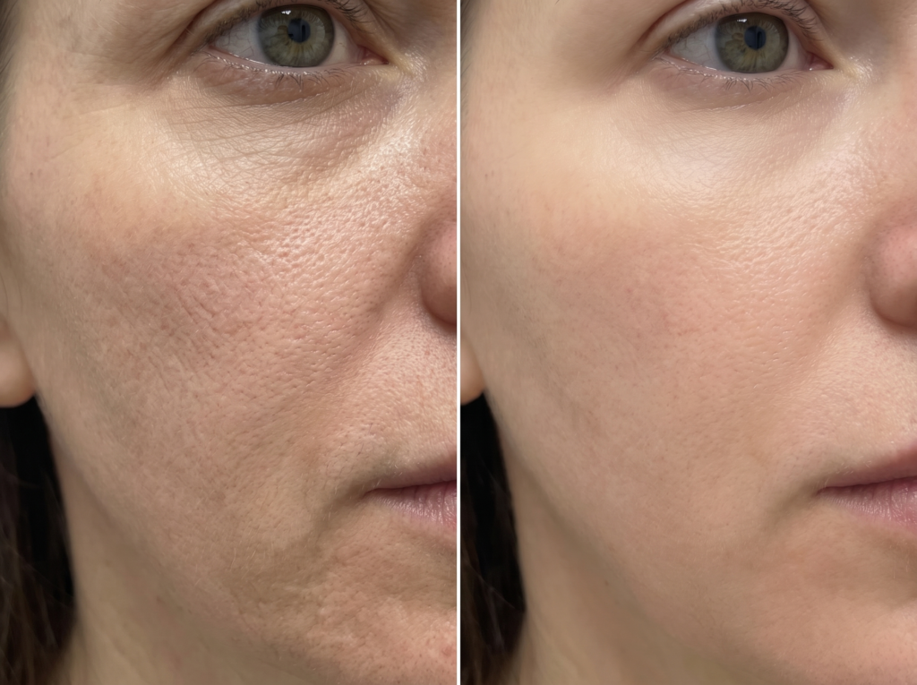 Before and after comparison of skin texture treated with microneedling in Bridgewater, NJ