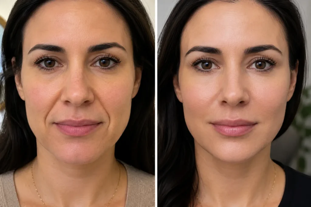 Nasolabial filler before and after showing softened smile lines, smoother facial contours, and a refreshed appearance at Enfield Royal Clinic Branchburg, NJ.
