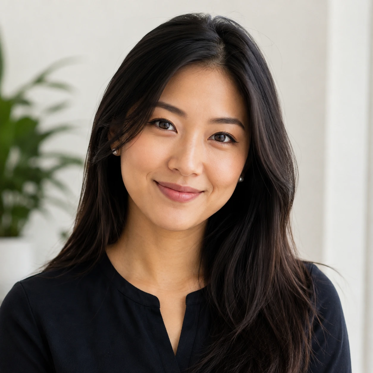 Professional headshot of a smiling Asian woman with long dark hair wearing a black blouse against a softly blurred indoor background.