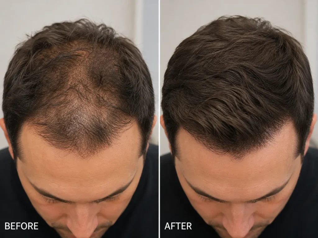 Before and after comparison of hairline treated with PRP hair restoration in Raritan, NJ
