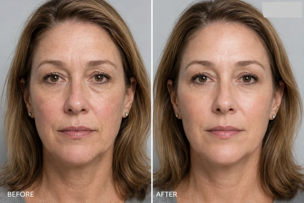 Before and after skin booster injections in Branchburg, NJ showing improved skin hydration and radiant glow