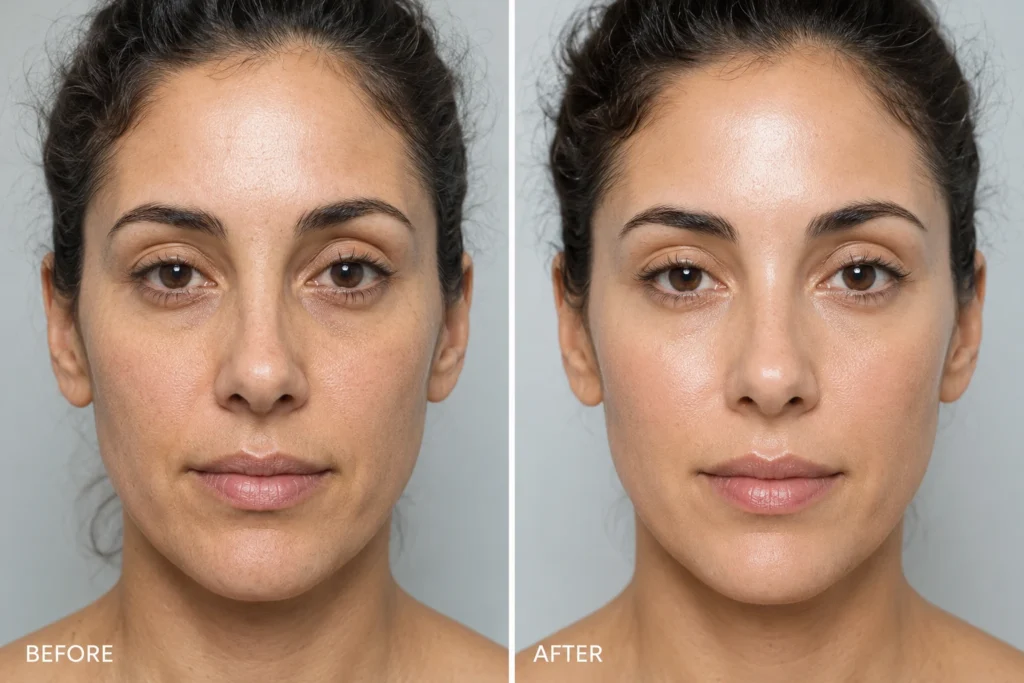 A visible reduction in under-eye hollowing and fine lines following skin booster injections. Hyaluronic acid-based skin boosters help restore hydration and support skin elasticity in this delicate area for a refreshed, well-rested look.
