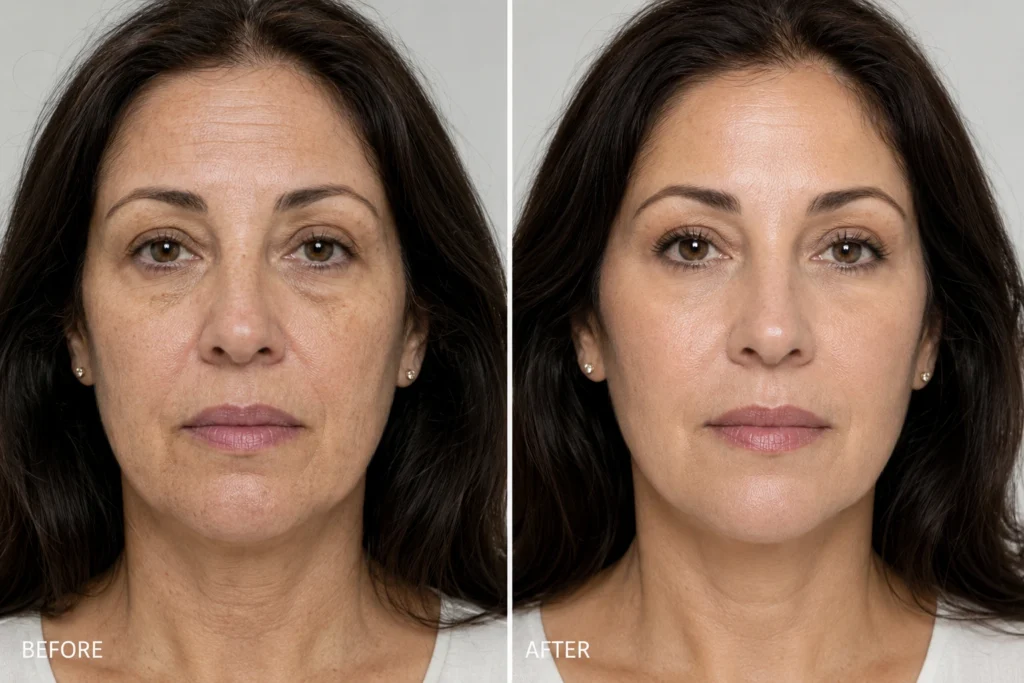 Before and after skin booster injections in Branchburg, NJ showing improved skin tone and firmness in a mature patient