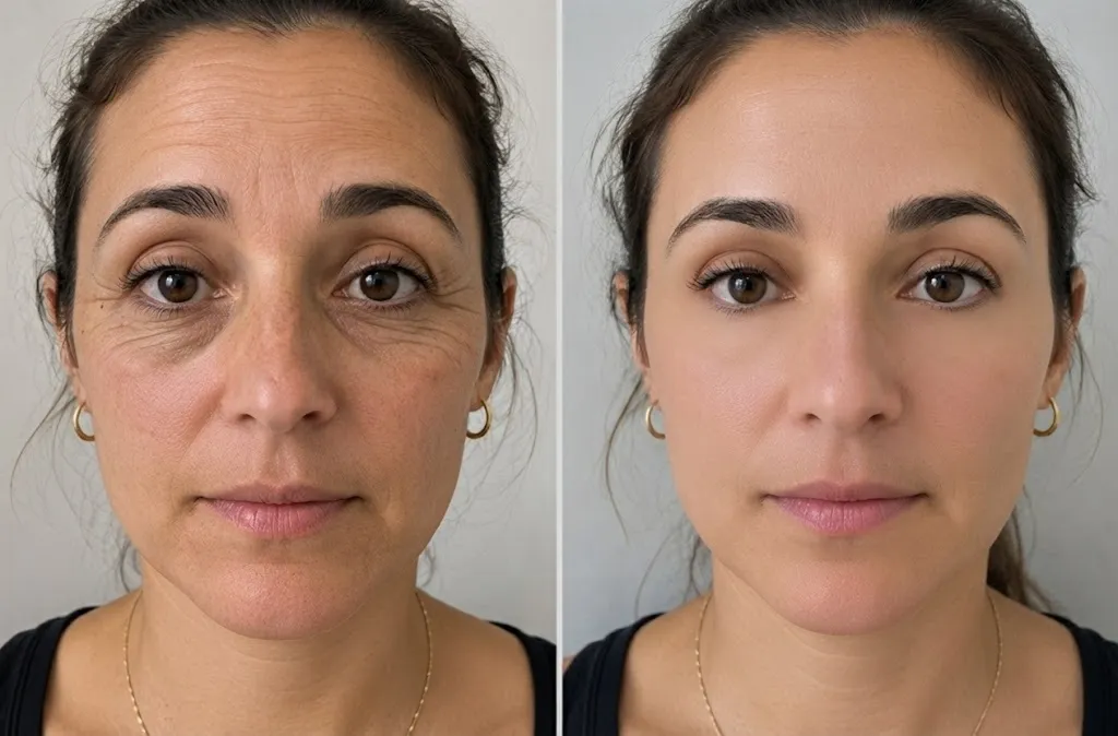 Before and after front profile comparison of a female patient showcasing smooth skin and complete wrinkle reduction after Xeomin treatment at Enfield Royal Medspa in Branchburg, serving Somerset County.